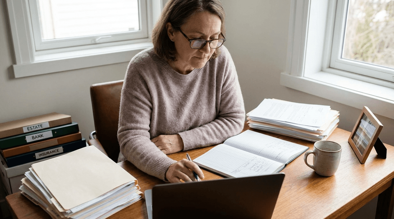 Persoon regelt bankzaken na overlijden op laptop
