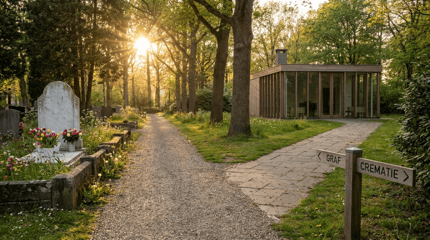 Begraafplaats en crematorium bij zonsondergang
