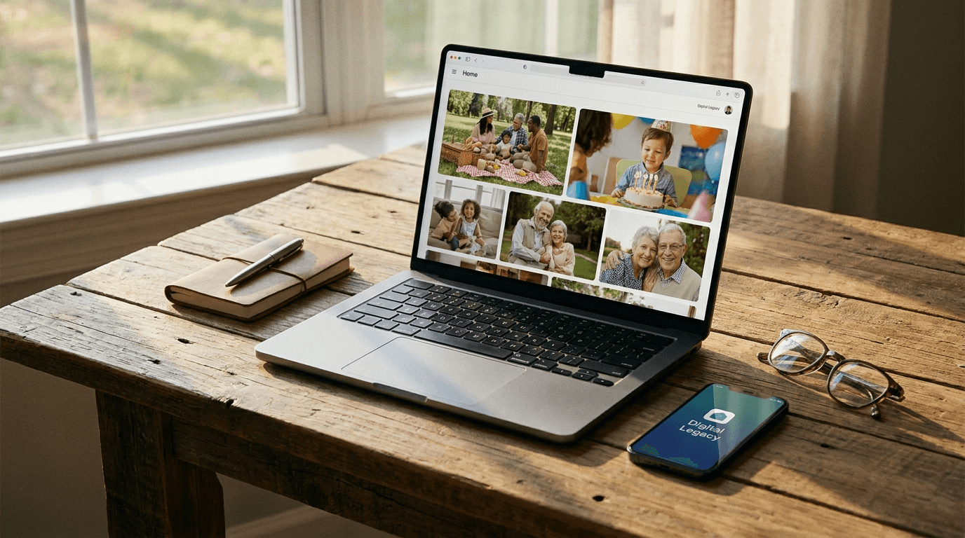 Laptop met foto's en digitale bestanden op een bureau