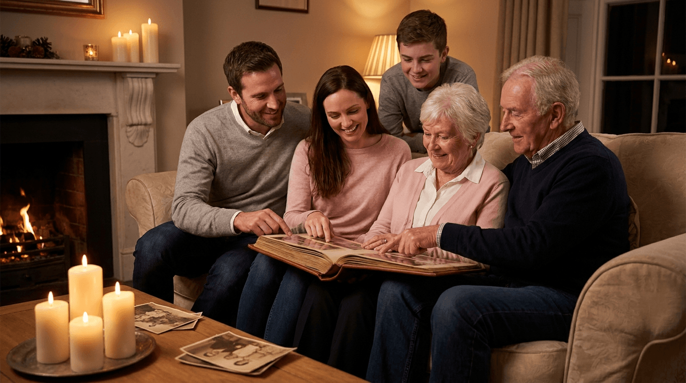 Familie bladert door mooi fotoboek van overledene