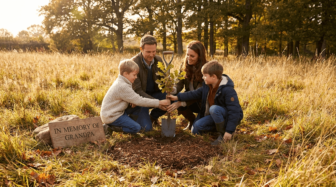 Familie plant jonge boom in herfstlandschap