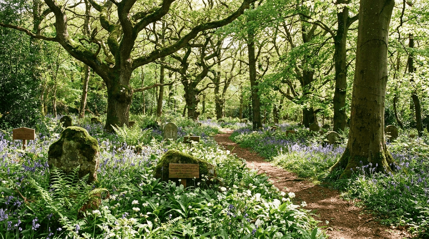 Natuurbegraafplaats met bomen en wildflowers