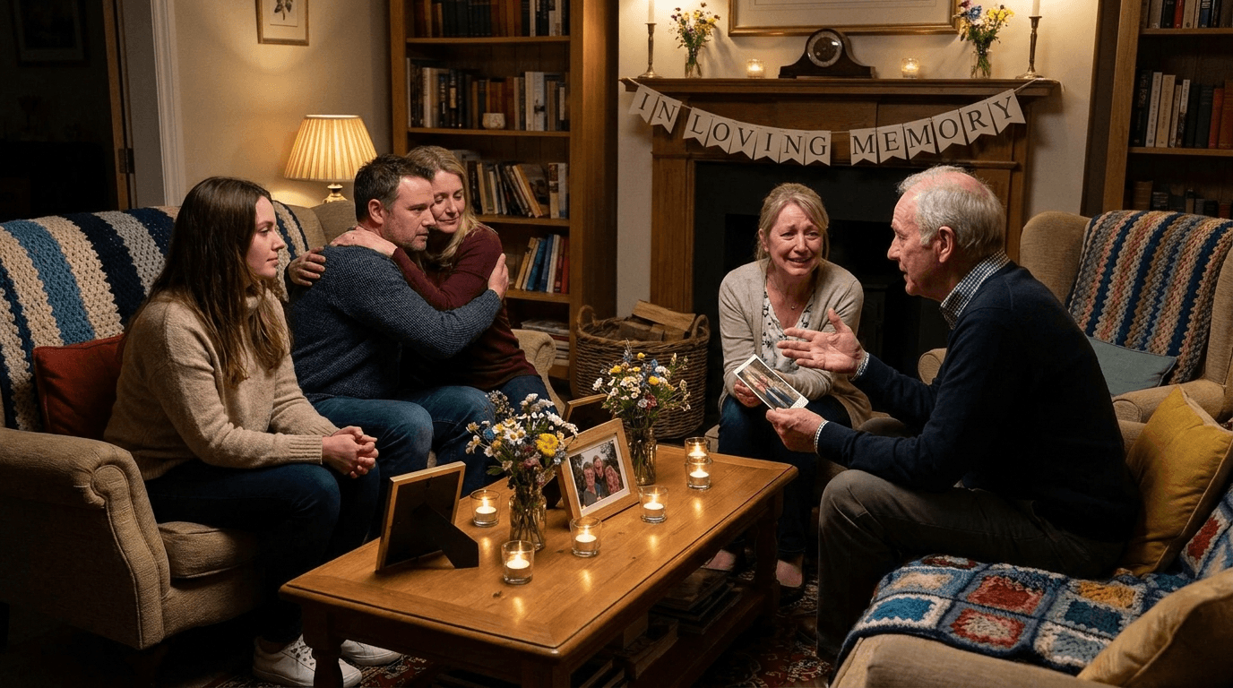 Kleine intieme herdenkingsdienst in woonkamer