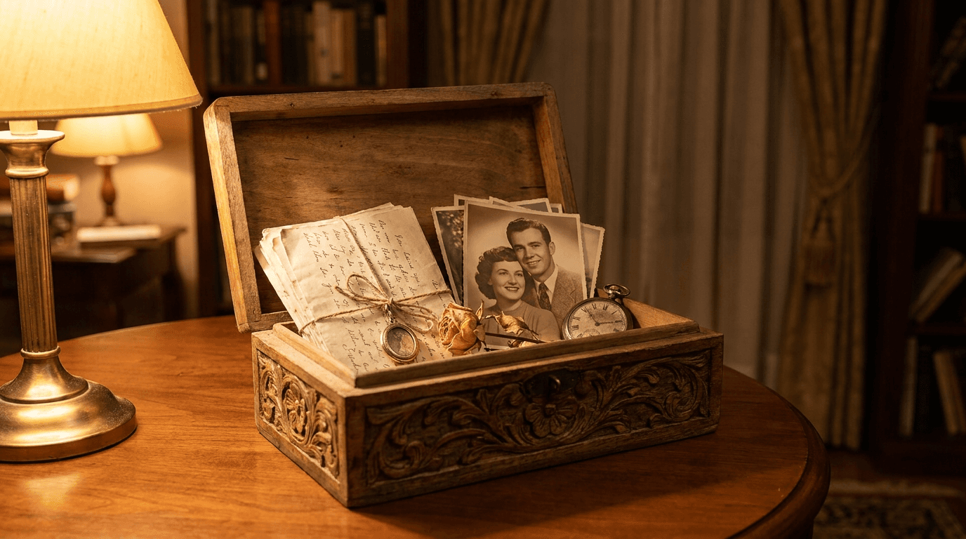 Houten herinneringsdoos met foto's, brieven en aandenken