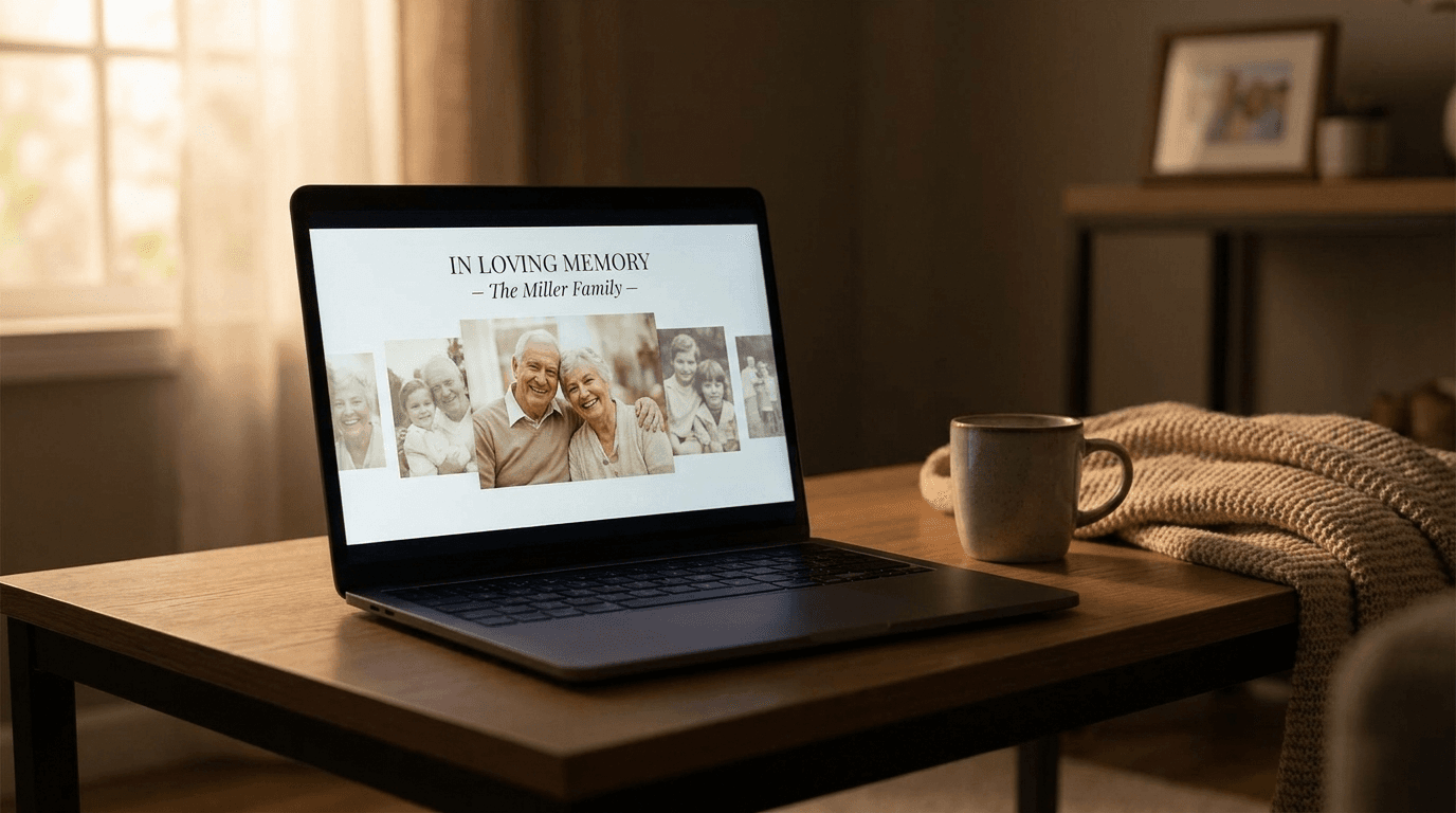Laptop met memorial video slideshow van familieherinneringen