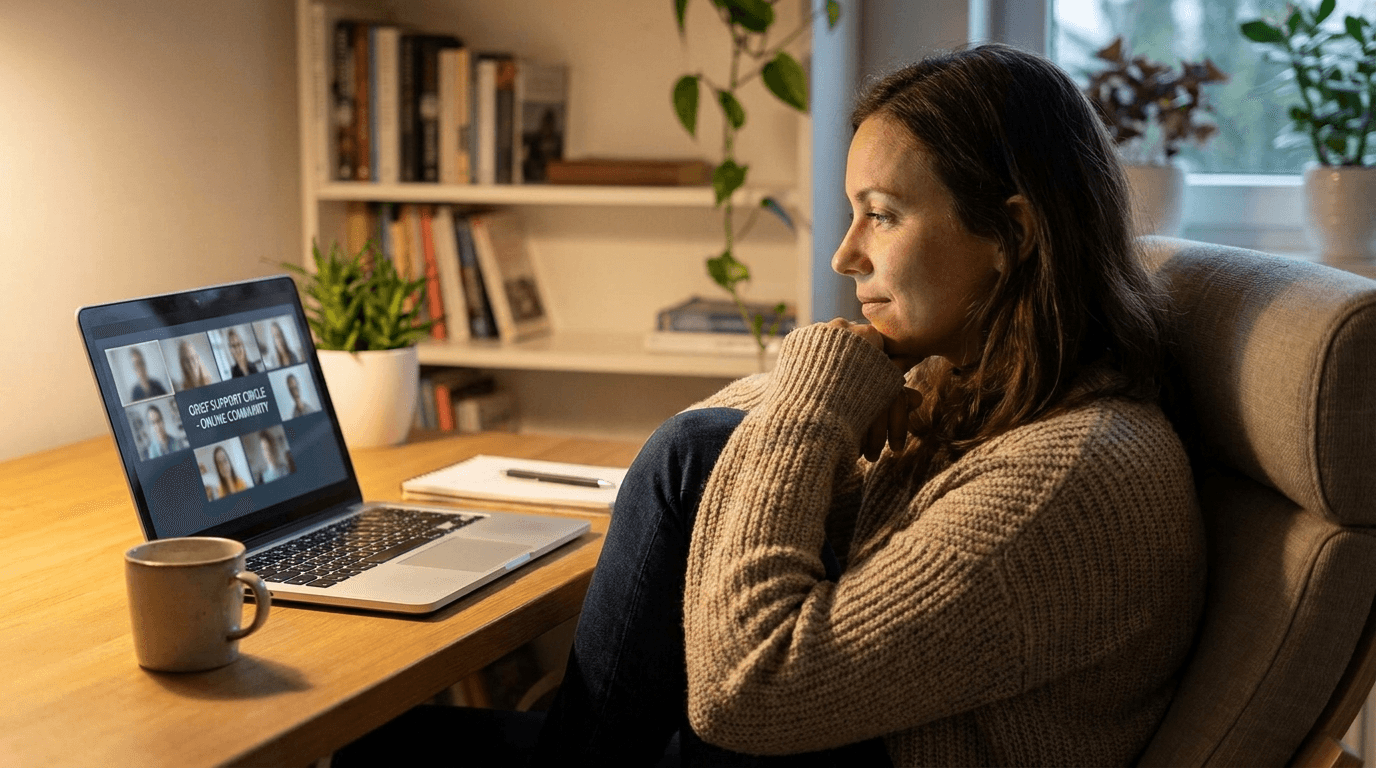 Persoon op laptop in online rouwgroep gesprek