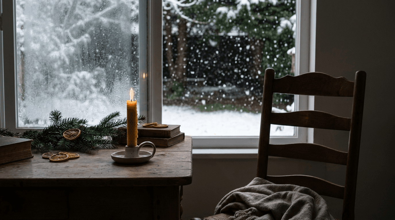 Kaarslicht bij kerstboom, lege stoel, reflectief