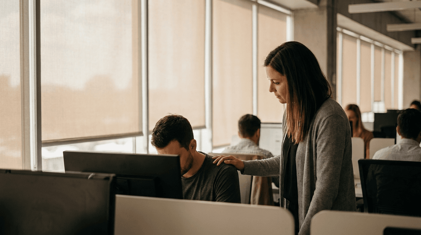 Collega legt hand op schouder van verdrietige medewerker