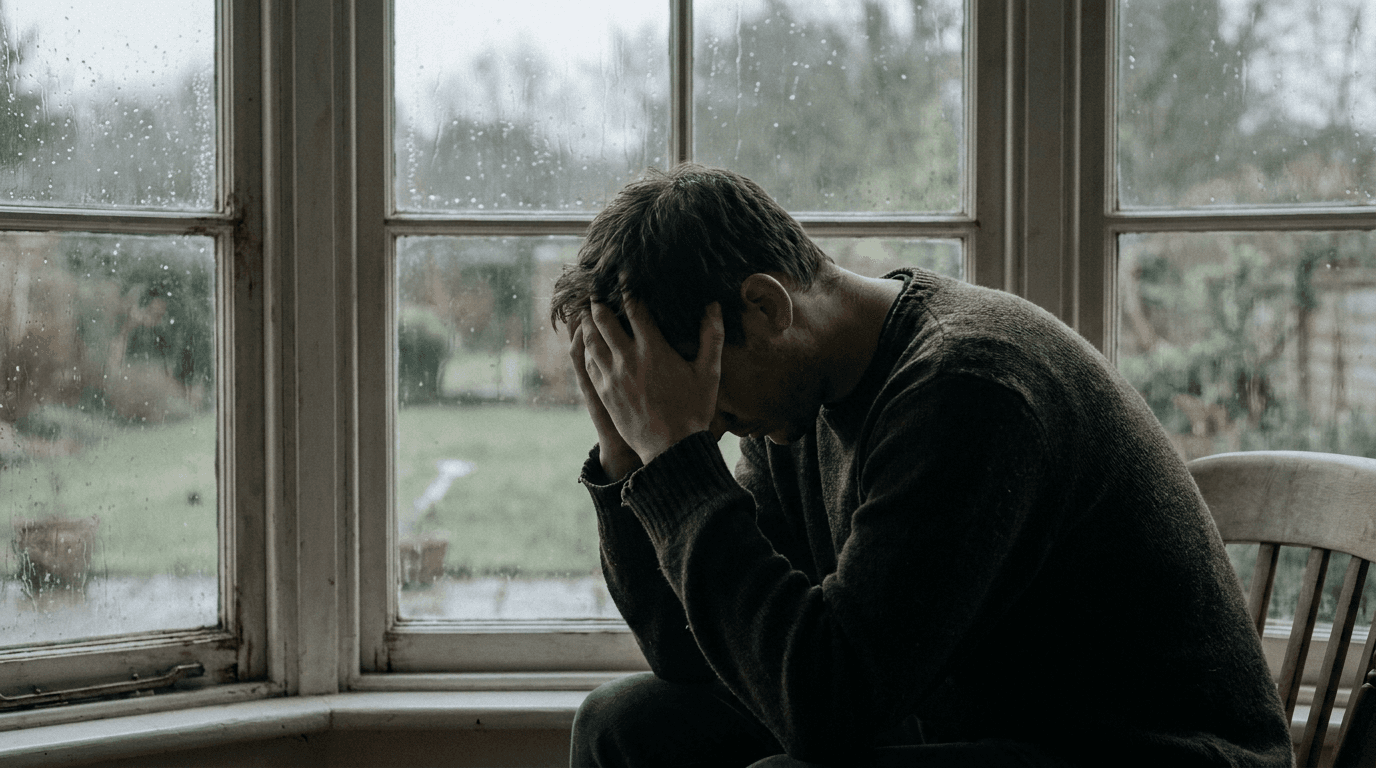 Persoon zit alleen bij raam, reflectief en verdrietig