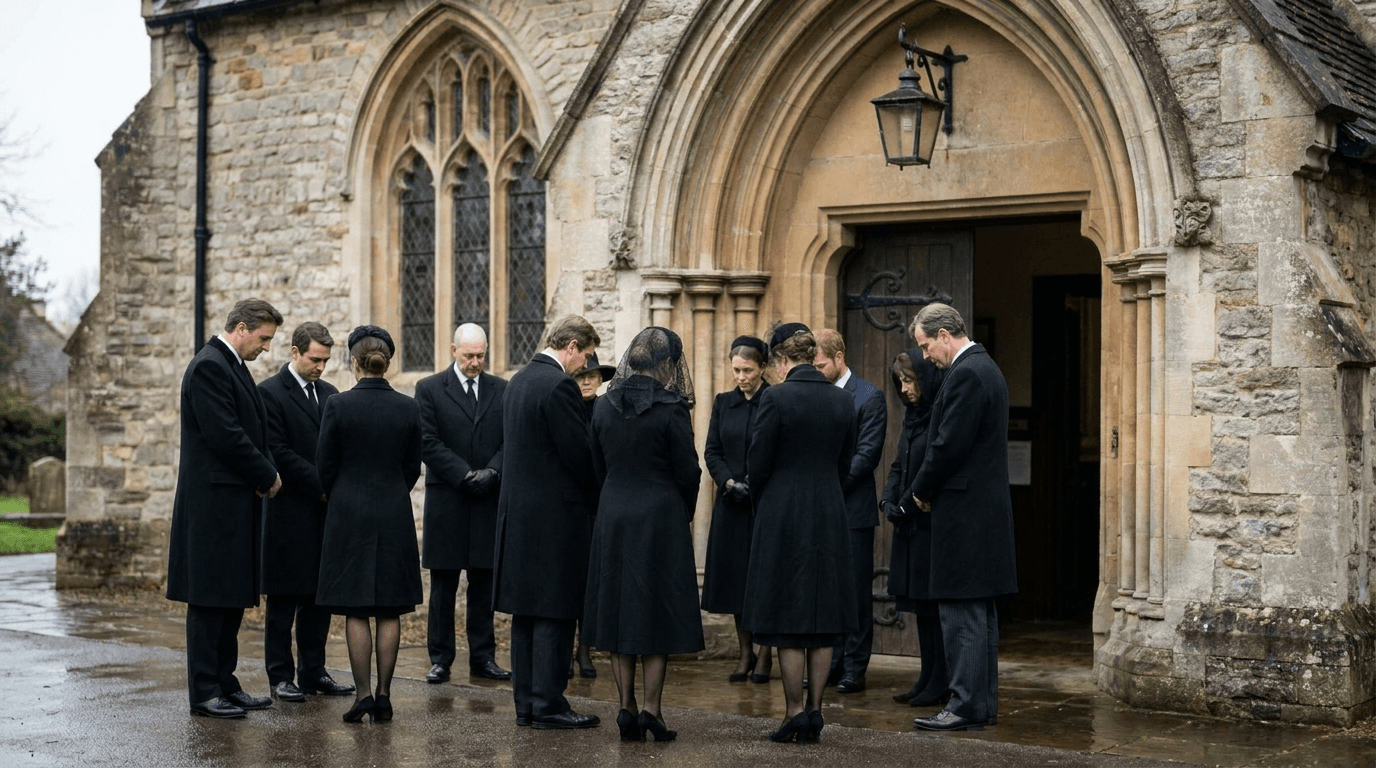 Mensen in nette rouwkleding voor een kerk
