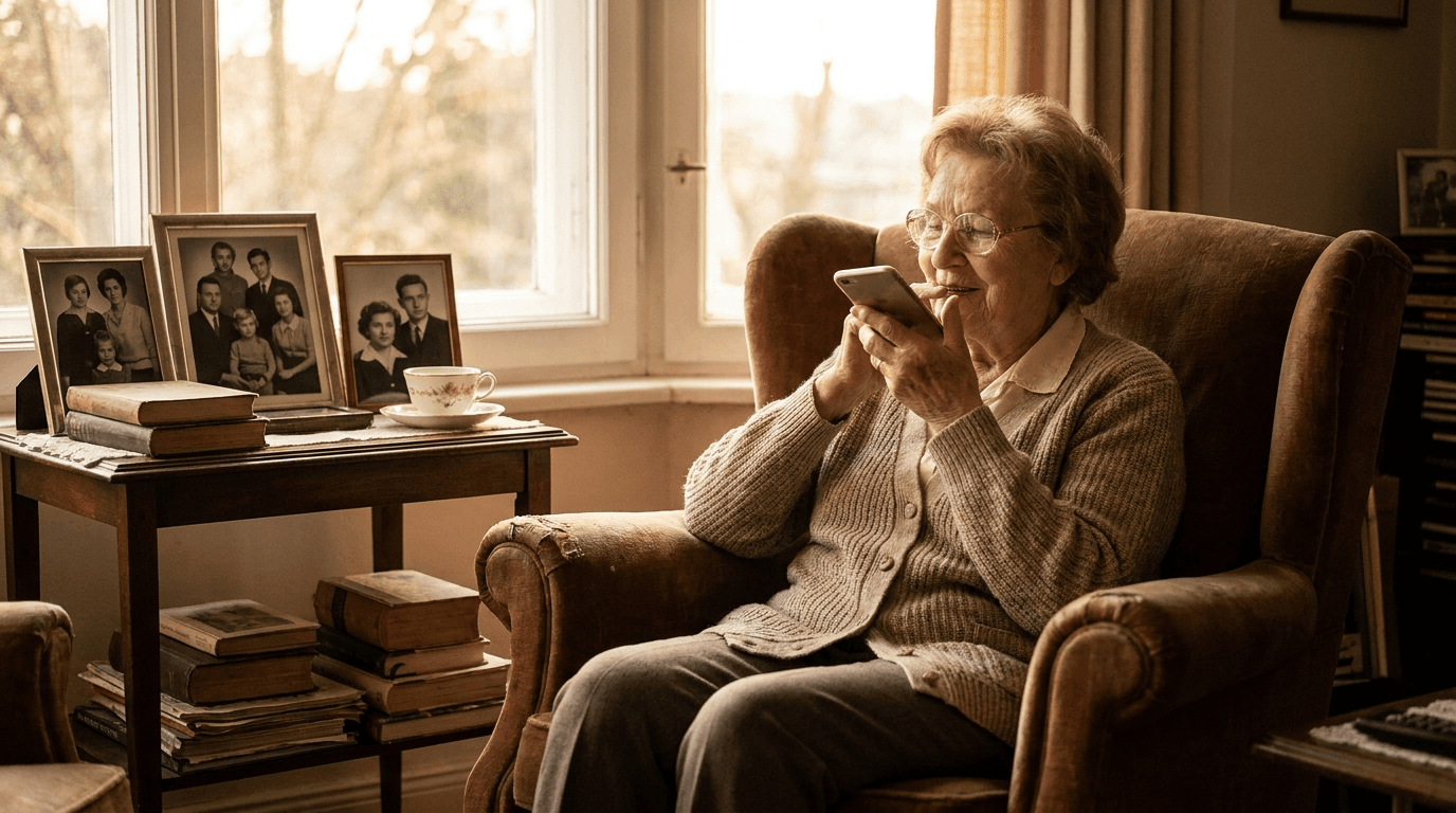 Oma neemt een stemherinnering op met haar telefoon