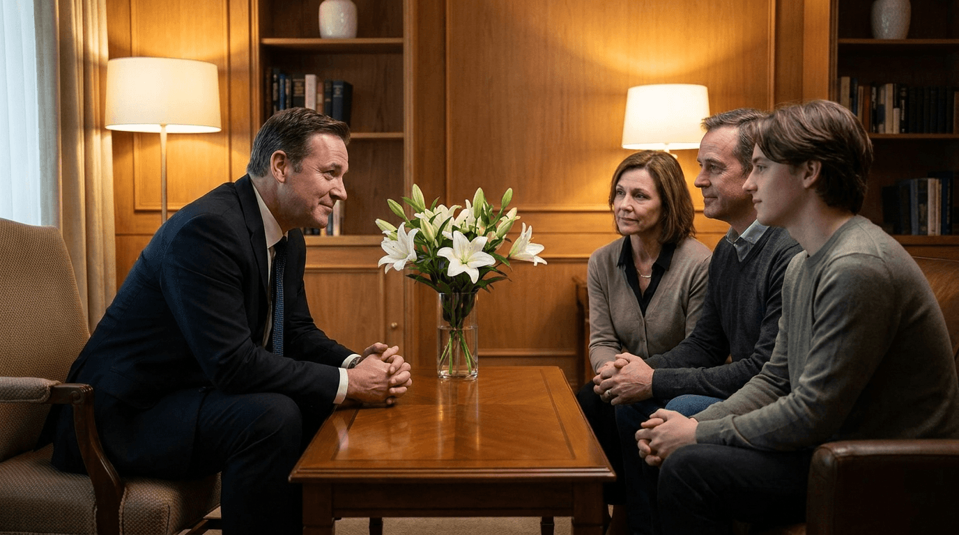 Professionele uitvaartondernemer in gesprek met een familie